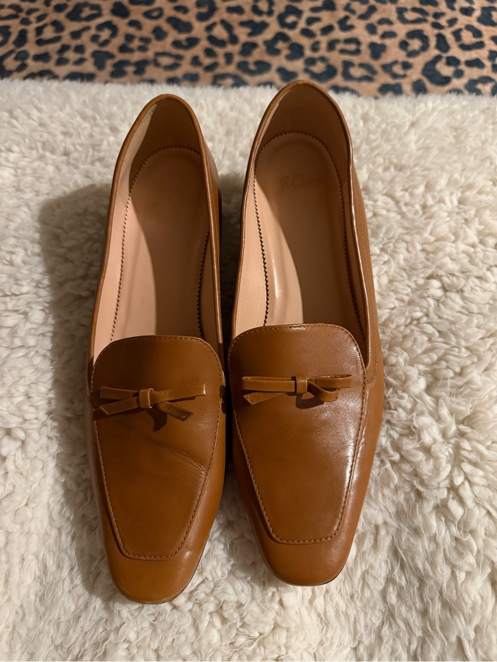 Jcrew Women's Tan Leather Slip-On Loafers with Bow Accent